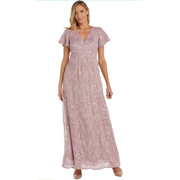 New R&M Richards Women's (8) Rose Embroidered & Sequin Flutter Sleeve Maxi Dress - Picture 16 of 16